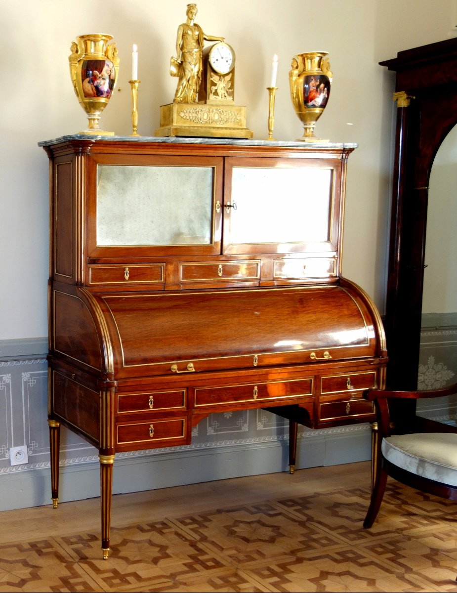 Bureau Cylindre Bibliothèque à Cartonniers En Acajou d'époque Louis XVI, Vernis Au Tampon-photo-8