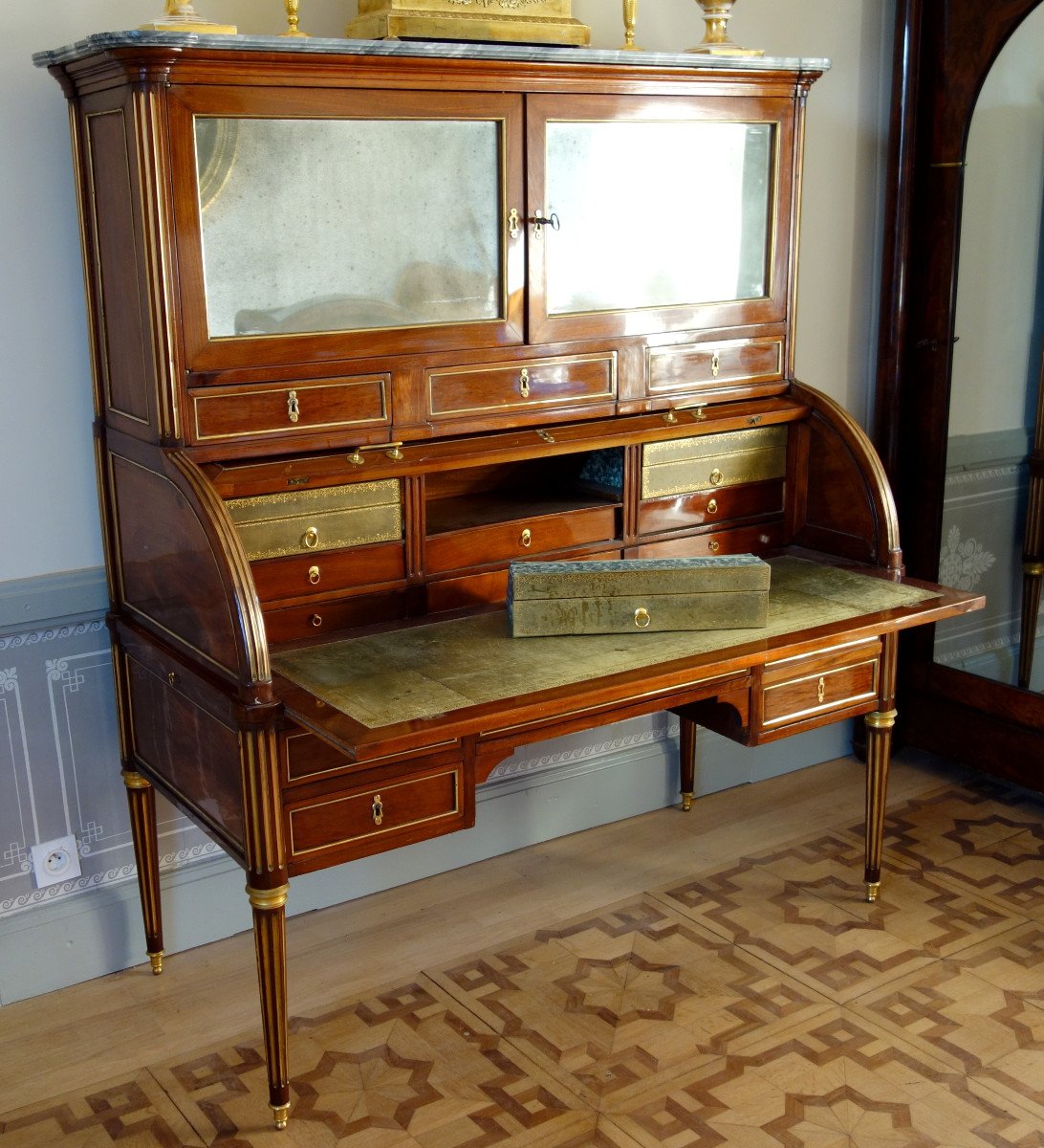 Cabinet Cylinder Bookcase In Mahogany Louis XVI Period, Buffer Varnish