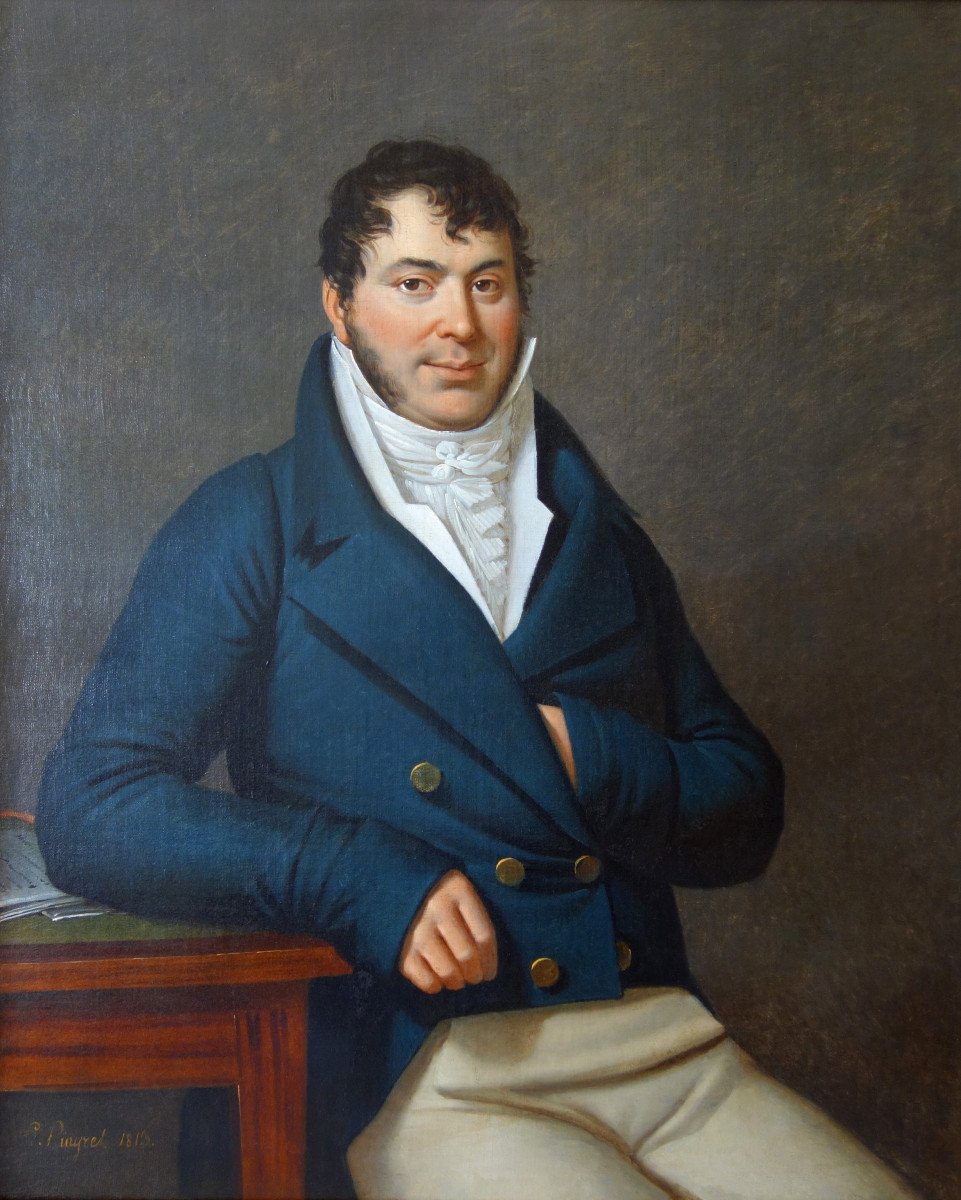 Edouard Pingret, élève De David - Grd Portrait d'Homme d'époque Empire 1813 - 103cm X 121cm-photo-2