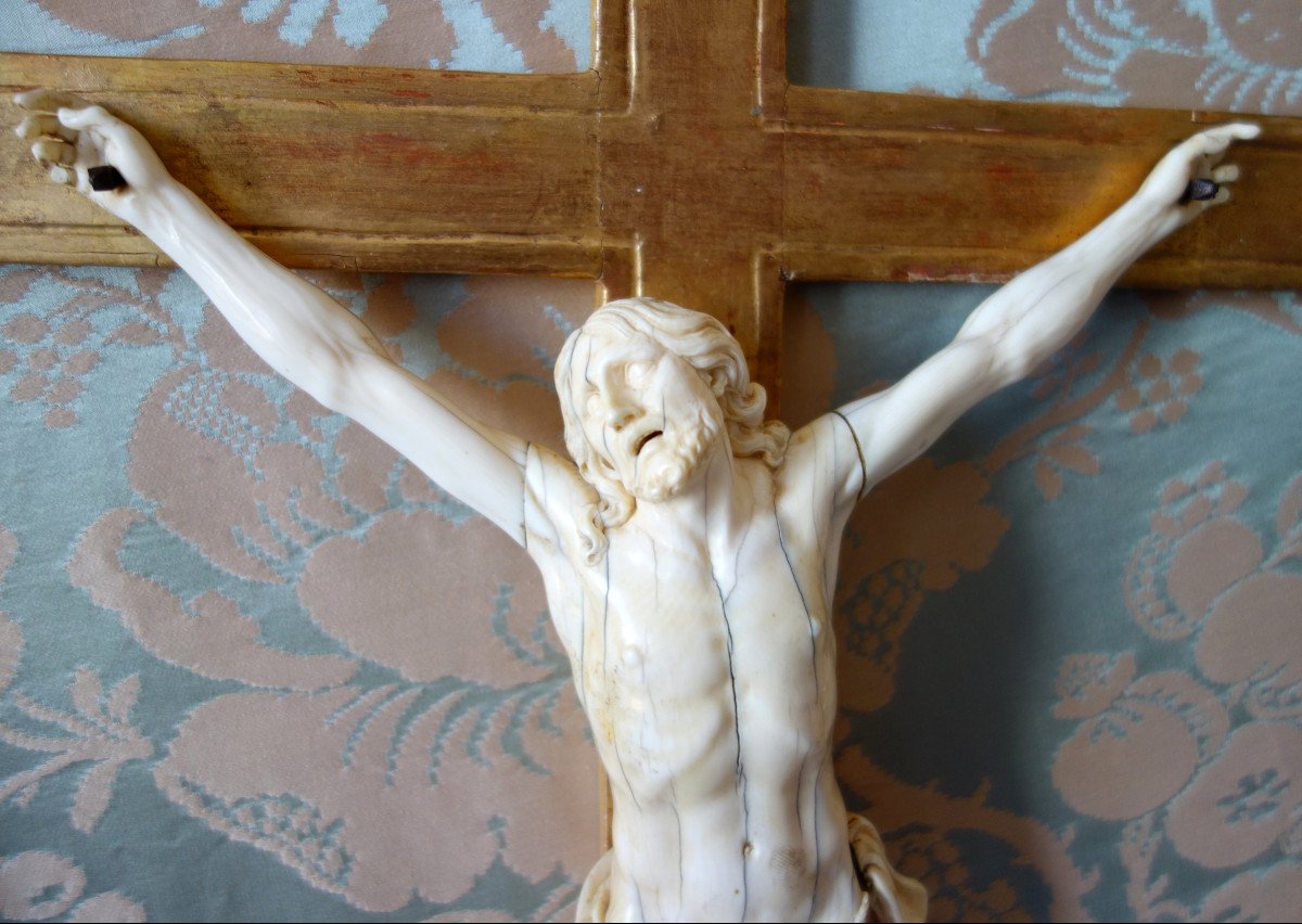 Grd Christ En Ivoire, Cadre En Bois Doré d'époque Louis XIV Régence - Début XVIIIe Siècle-photo-3