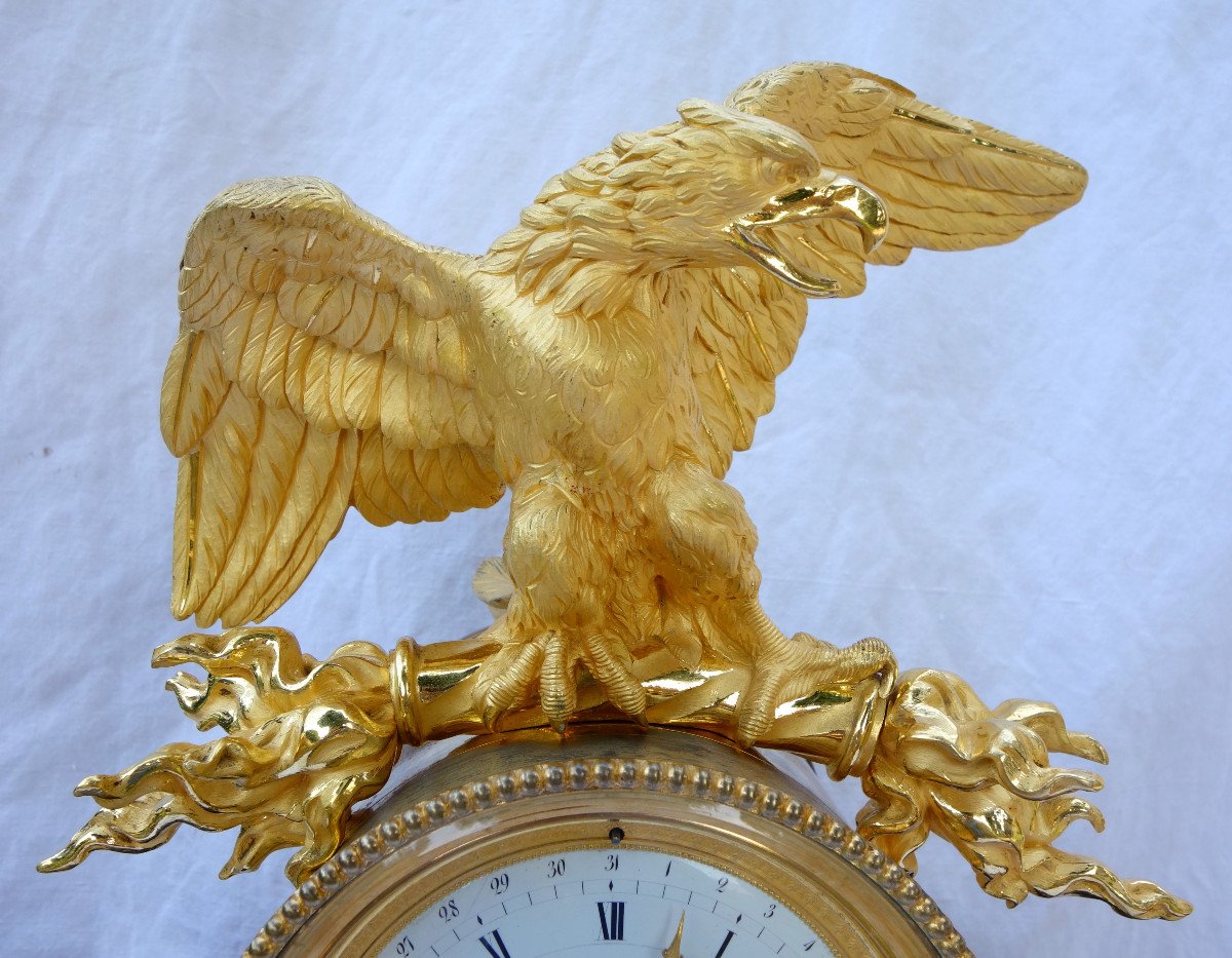 Pendule Aux Maréchaux d'époque Empire, Début XIXe Siècle, Bronze Doré Et Marbre Griotte-photo-3