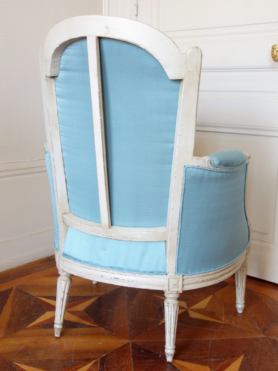 Bergère d'époque Louis XVI,  Canetillé De Soie Bleu Clair-photo-3