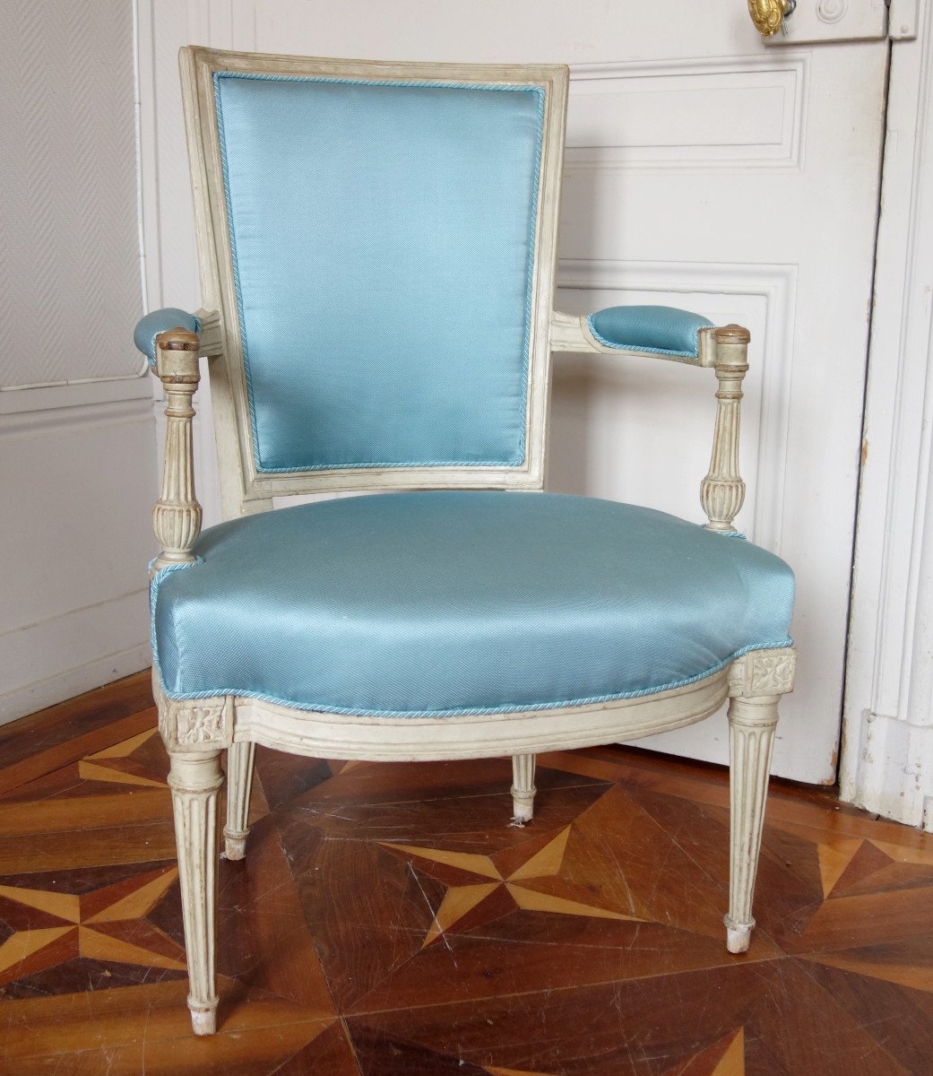 Paire De Fauteuils Cabriolets d'époque Louis XVI Canetillé De Soie Bleu-photo-2