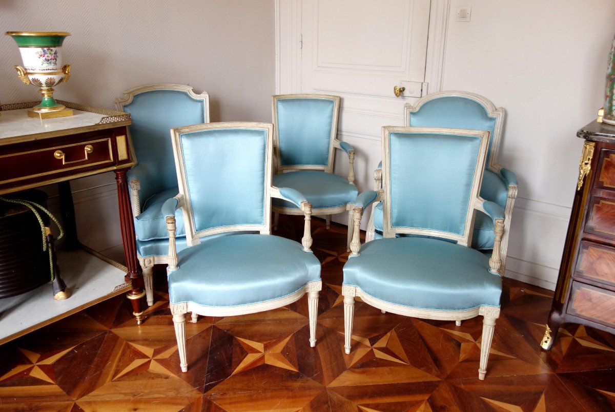 Paire De Fauteuils Cabriolets d'époque Louis XVI Canetillé De Soie Bleu-photo-7