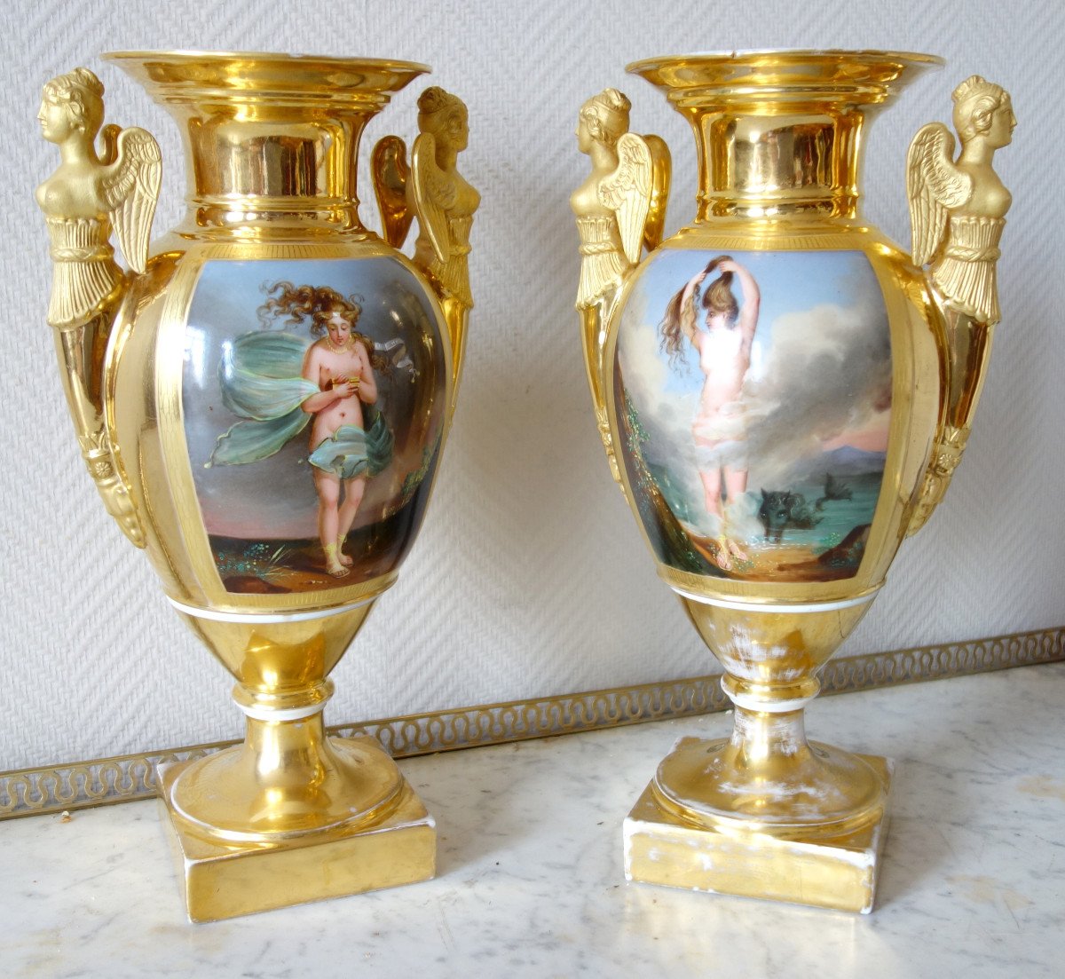 Paire De Grands Vases En Porcelaine d'époque Empire - allégories de l'air et de l'eau - 38,5cm-photo-2