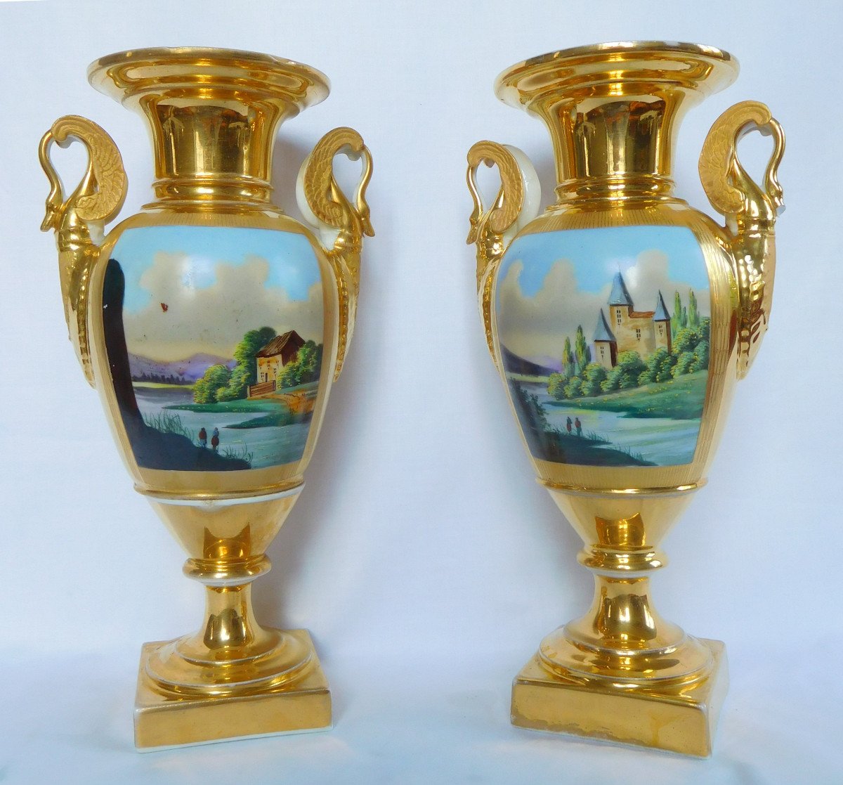 Pair Of Empire Ornamental Vases In Paris Porcelain - Restoration Period-photo-2