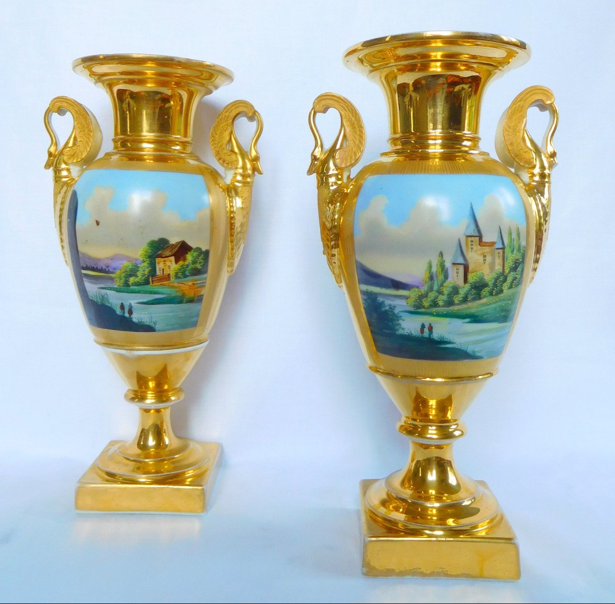 Pair Of Empire Ornamental Vases In Paris Porcelain - Restoration Period