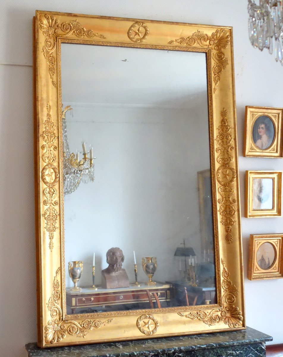 Important Miroir Empire En Bois Doré d'époque Charles X à Glace Au Mercure - 195x128cm-photo-4