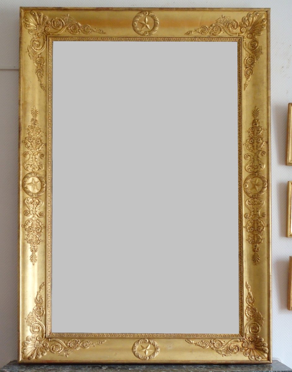 Important Miroir Empire En Bois Doré d'époque Charles X à Glace Au Mercure - 195x128cm