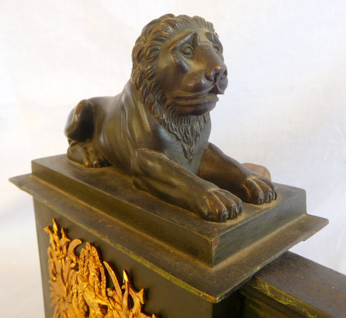 Barre De Cheminée Empire En Bronze Patiné Et Doré Aux Lions - début 19e siècle-photo-1
