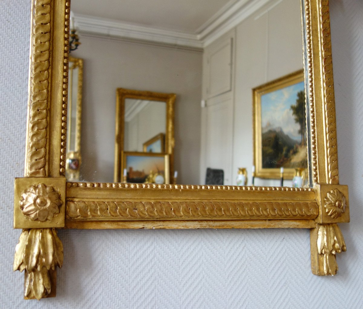 Grand Miroir En Bois Doré d'époque Louis XVI, Modèle Provençal, Fronton à Trophée De Musique-photo-2
