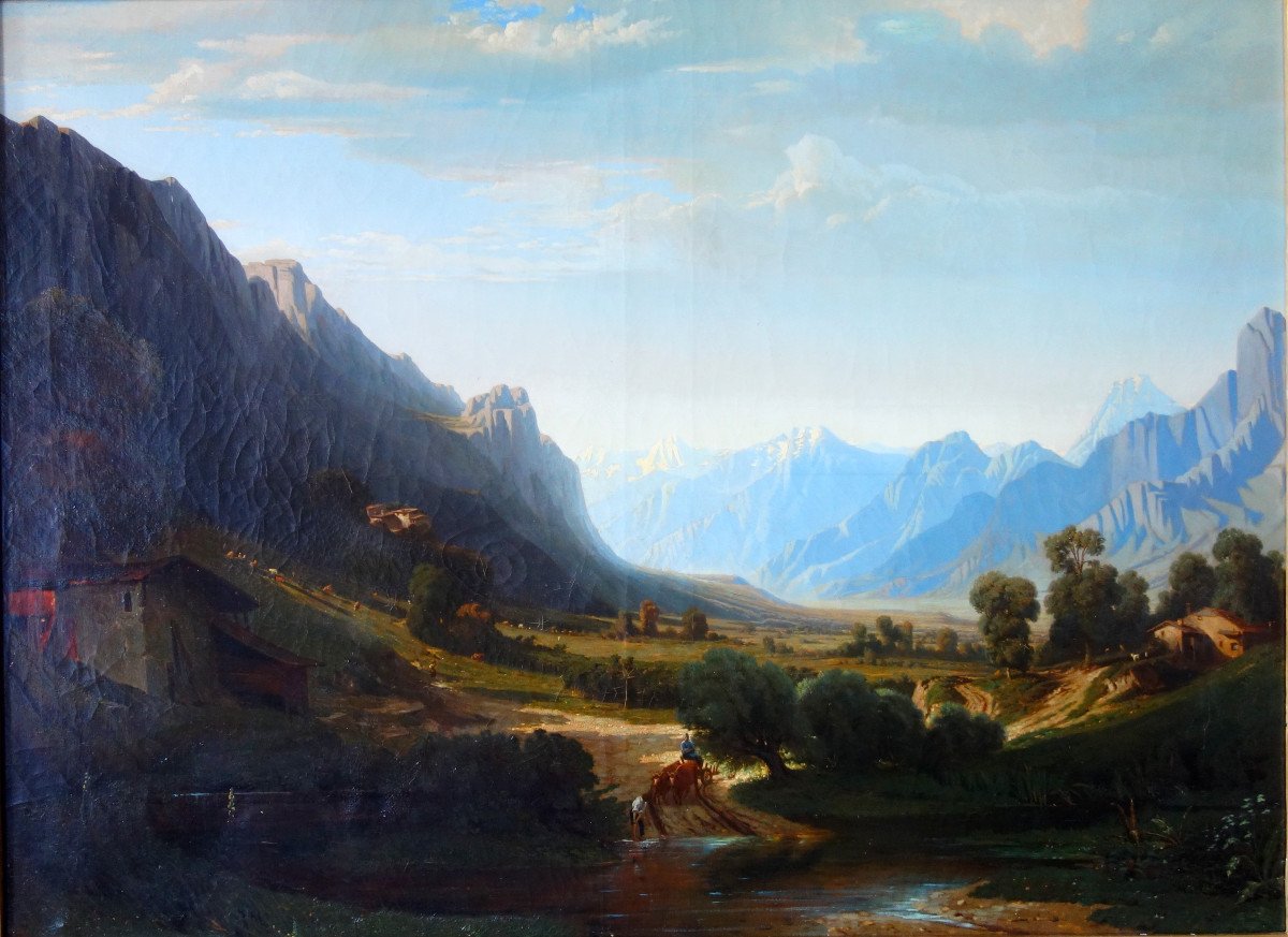 Jules Nicolas Schitz - Large Mountain Landscape Oil On Canvas 147x113cm-photo-2