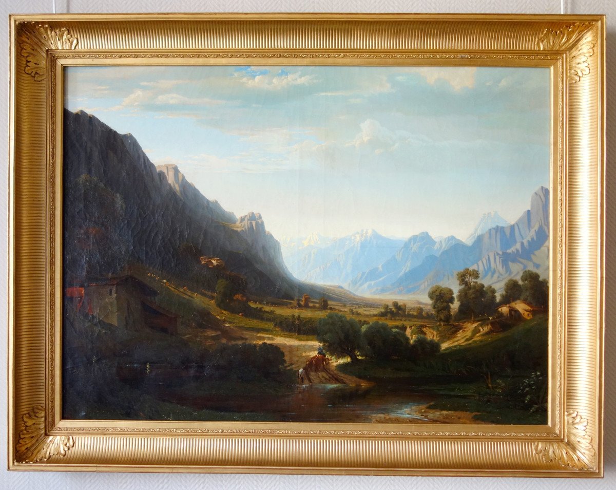 Jules Nicolas Schitz - Large Mountain Landscape Oil On Canvas 147x113cm