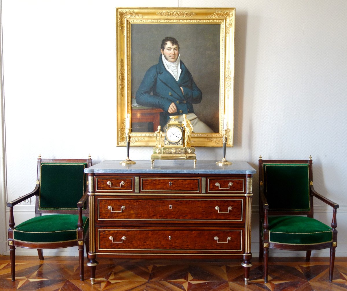 Louis XVI Directoire Commode In Speckled Mahogany, Turquin Marble And Trefoil Key - Late 18th-photo-5