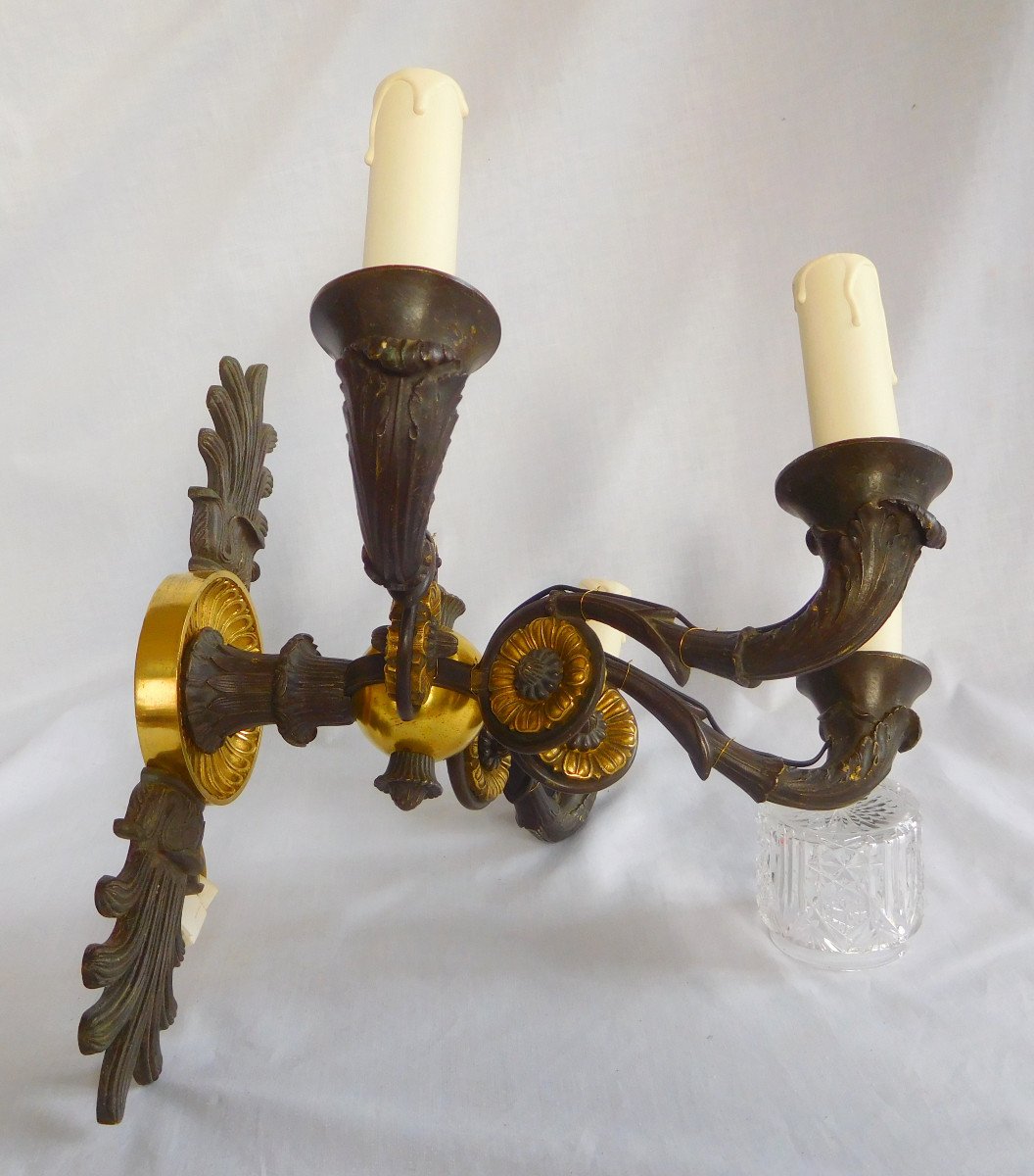 Pair Of Empire  Patinated And Gilt Bronze Sconces, Restoration Period Ca 1830-photo-2