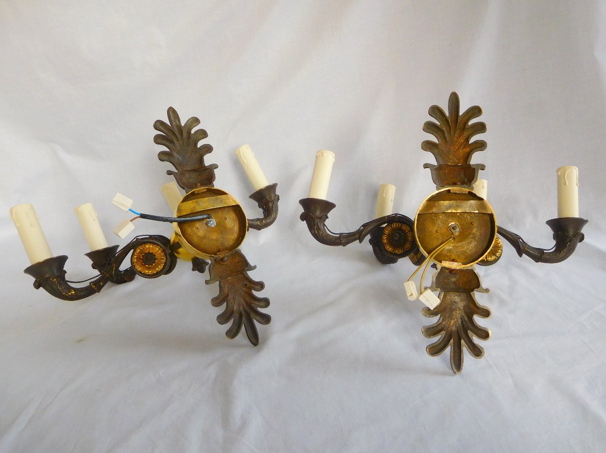 Pair Of Empire  Patinated And Gilt Bronze Sconces, Restoration Period Ca 1830-photo-6