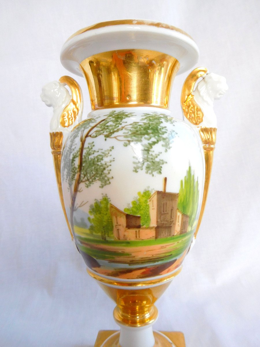 Vase Empire En Porcelaine De Paris à Anses En bustes De Lions ailés - Paysages Italiens 22cm-photo-2