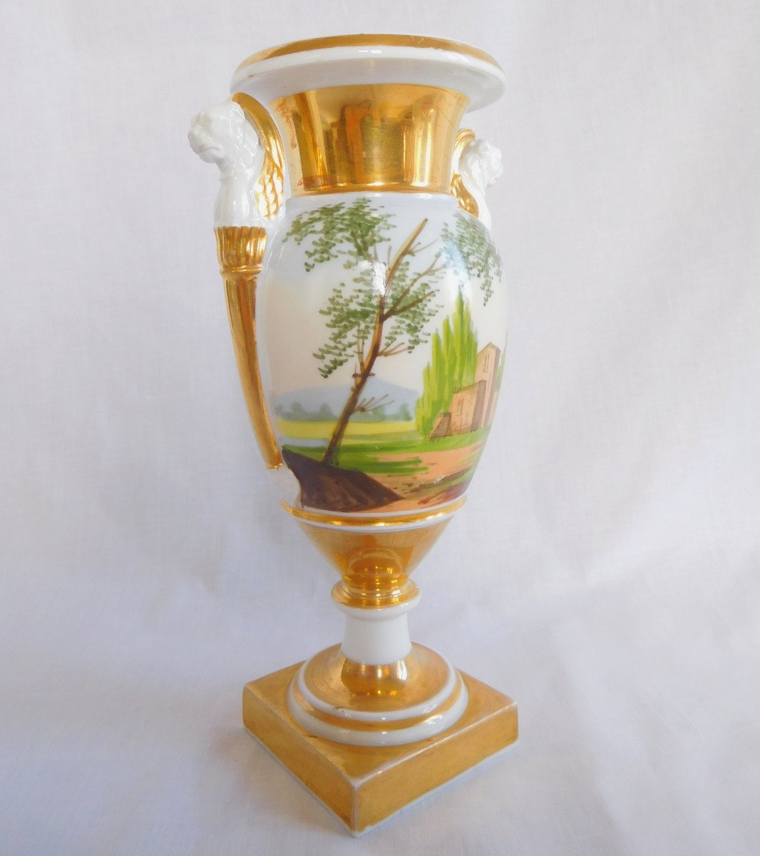 Empire Paris Porcelain Vase With Handles In Winged Lion Busts - Italian Landscapes 22cm-photo-3