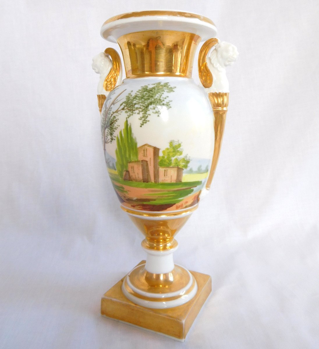 Vase Empire En Porcelaine De Paris à Anses En bustes De Lions ailés - Paysages Italiens 22cm-photo-1