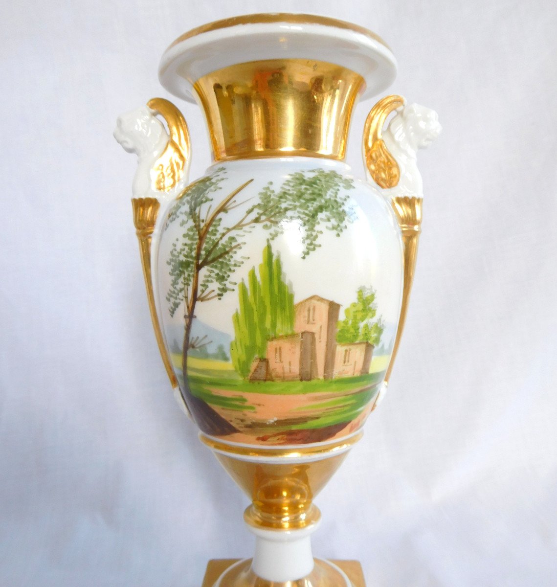 Empire Paris Porcelain Vase With Handles In Winged Lion Busts - Italian Landscapes 22cm-photo-2