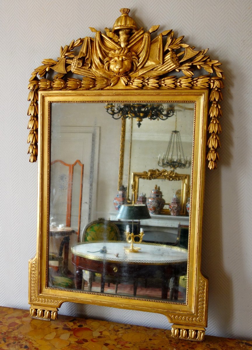 Tall Louis XVI Mirror, Attributes Of Hercules Trophy, Gold Leaf Gilt Wood - Late 18th Century -photo-2