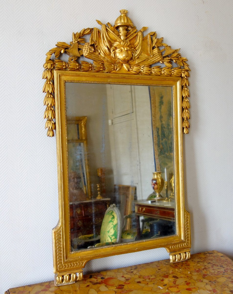 Grand Miroir Aux Attributs d'Hercule - Bois Sculpté Et Doré  - époque Louis XVI-photo-3