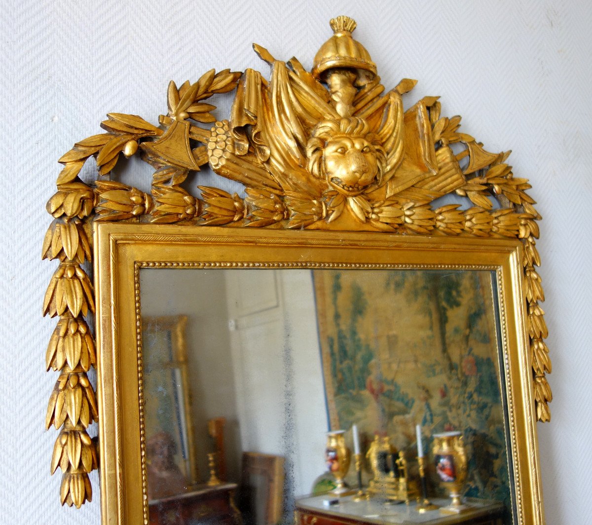 Tall Louis XVI Mirror, Attributes Of Hercules Trophy, Gold Leaf Gilt Wood - Late 18th Century -photo-4
