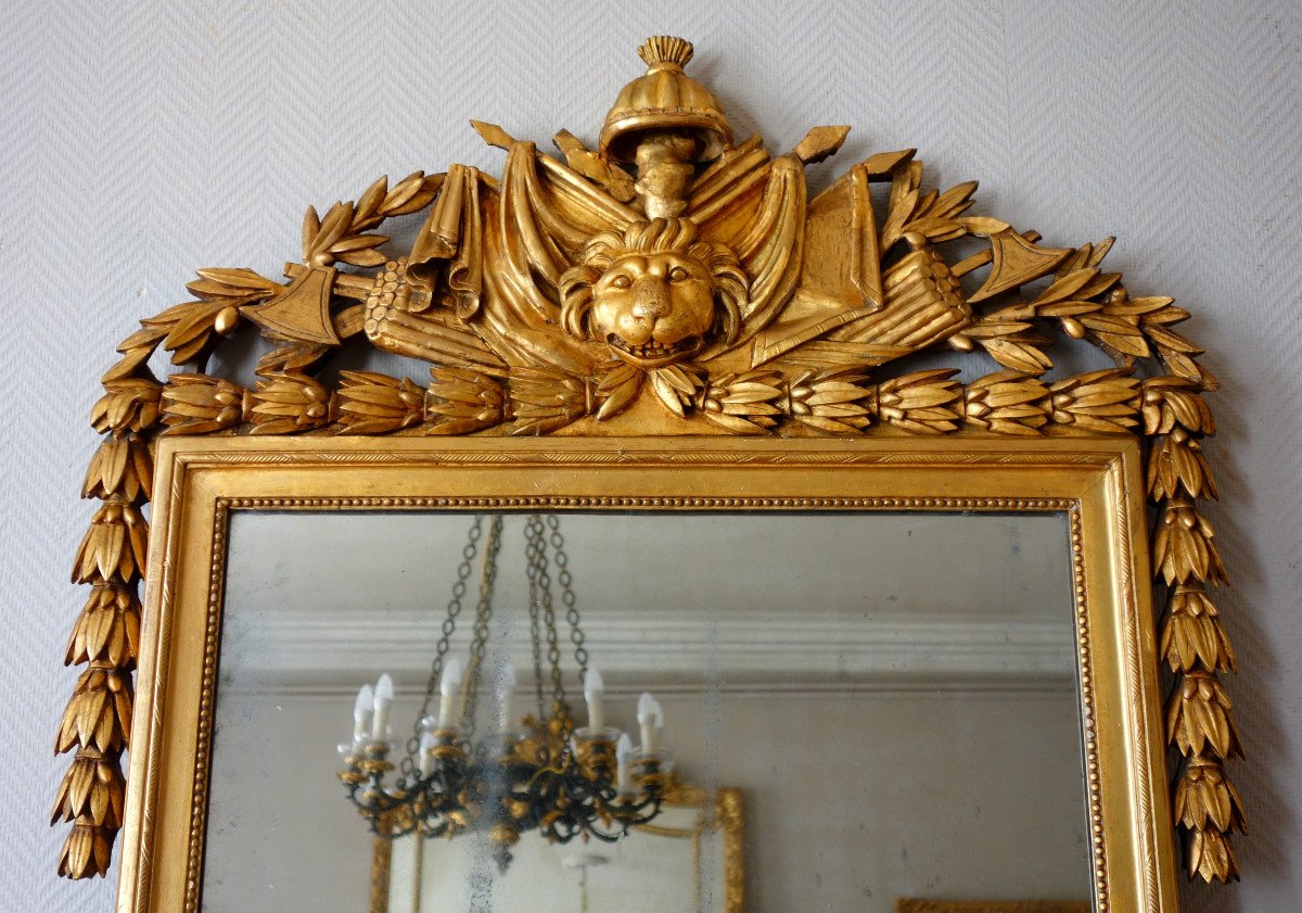 Tall Louis XVI Mirror, Attributes Of Hercules Trophy, Gold Leaf Gilt Wood - Late 18th Century -photo-1