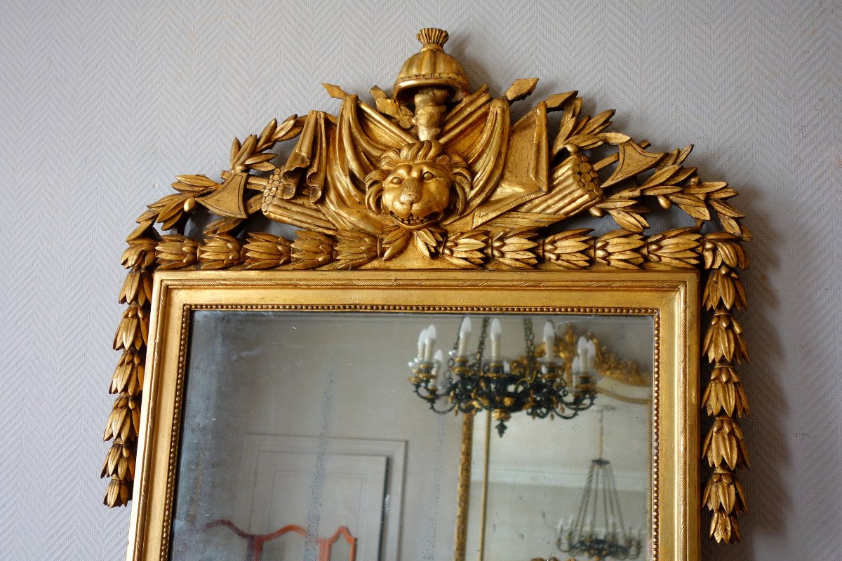 Grand Miroir Aux Attributs d'Hercule - Bois Sculpté Et Doré  - époque Louis XVI-photo-2