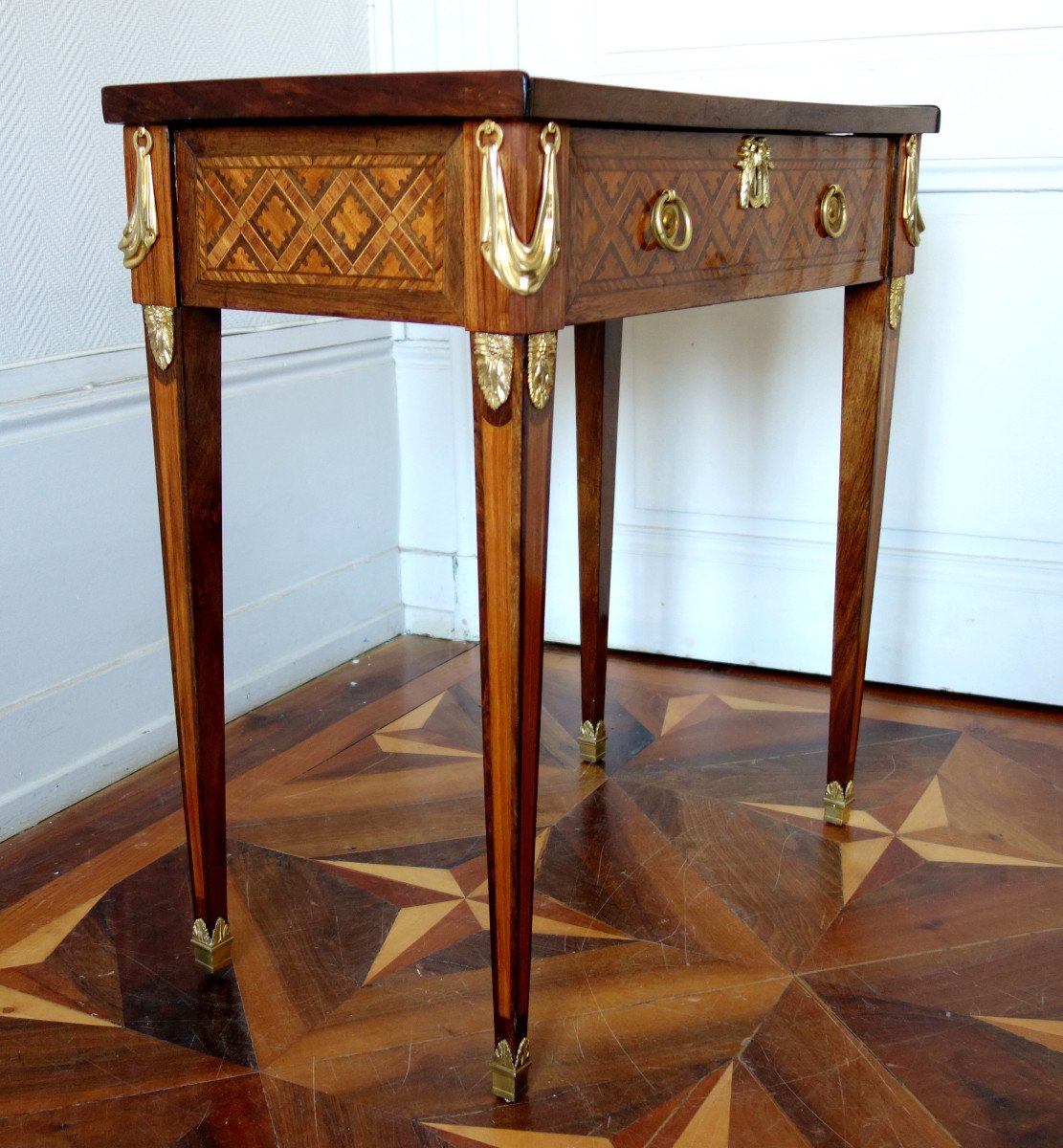 Salon Table In Queen Marquetry And Gilt Bronze - Louis XVI Period-photo-3