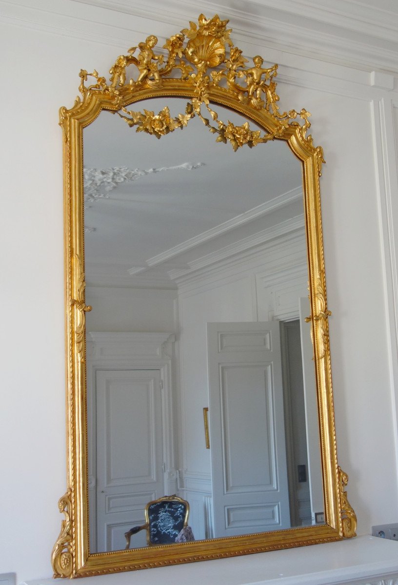 Large Gilt Wood Fireplace Mirror, Napoleon III Period, Mercury Glaze - 205cm X 128cm-photo-3