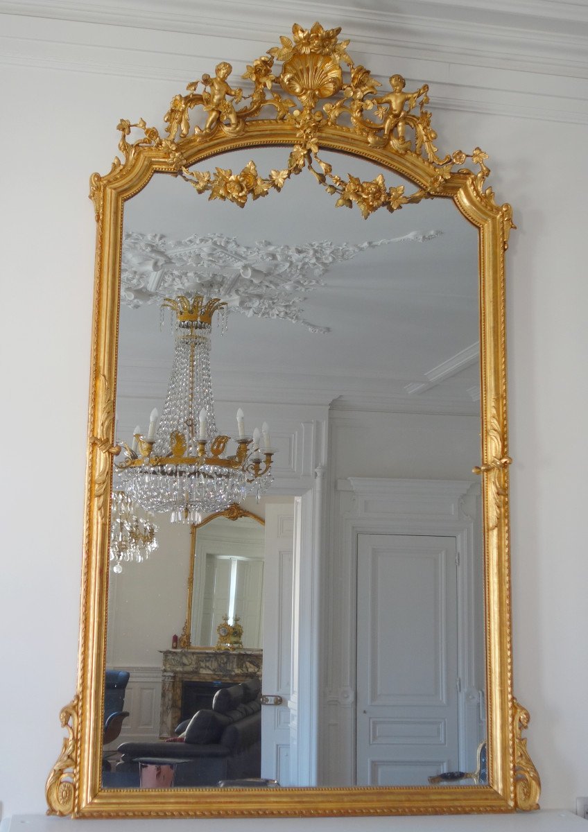 Large Gilt Wood Fireplace Mirror, Napoleon III Period, Mercury Glaze - 205cm X 128cm-photo-4