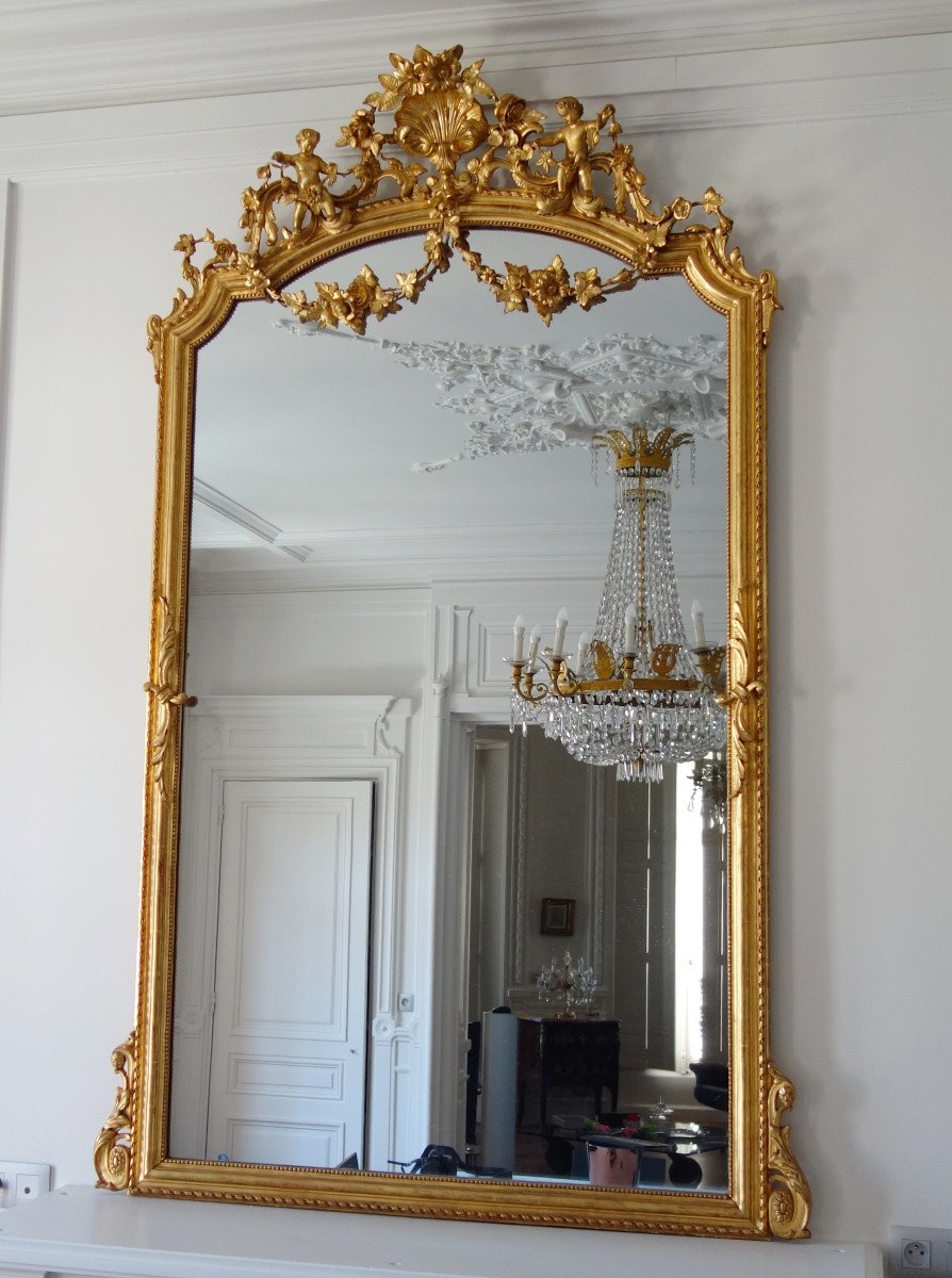 Large Gilt Wood Fireplace Mirror, Napoleon III Period, Mercury Glaze - 205cm X 128cm-photo-2