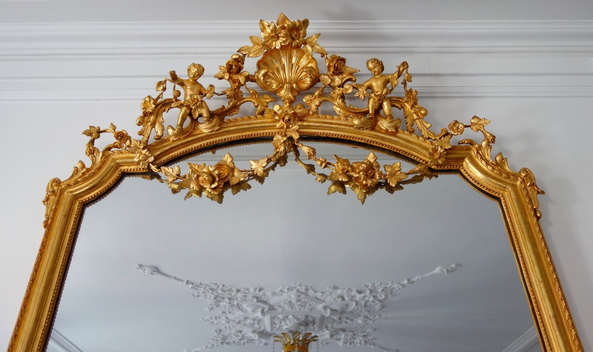 Large Gilt Wood Fireplace Mirror, Napoleon III Period, Mercury Glaze - 205cm X 128cm-photo-3