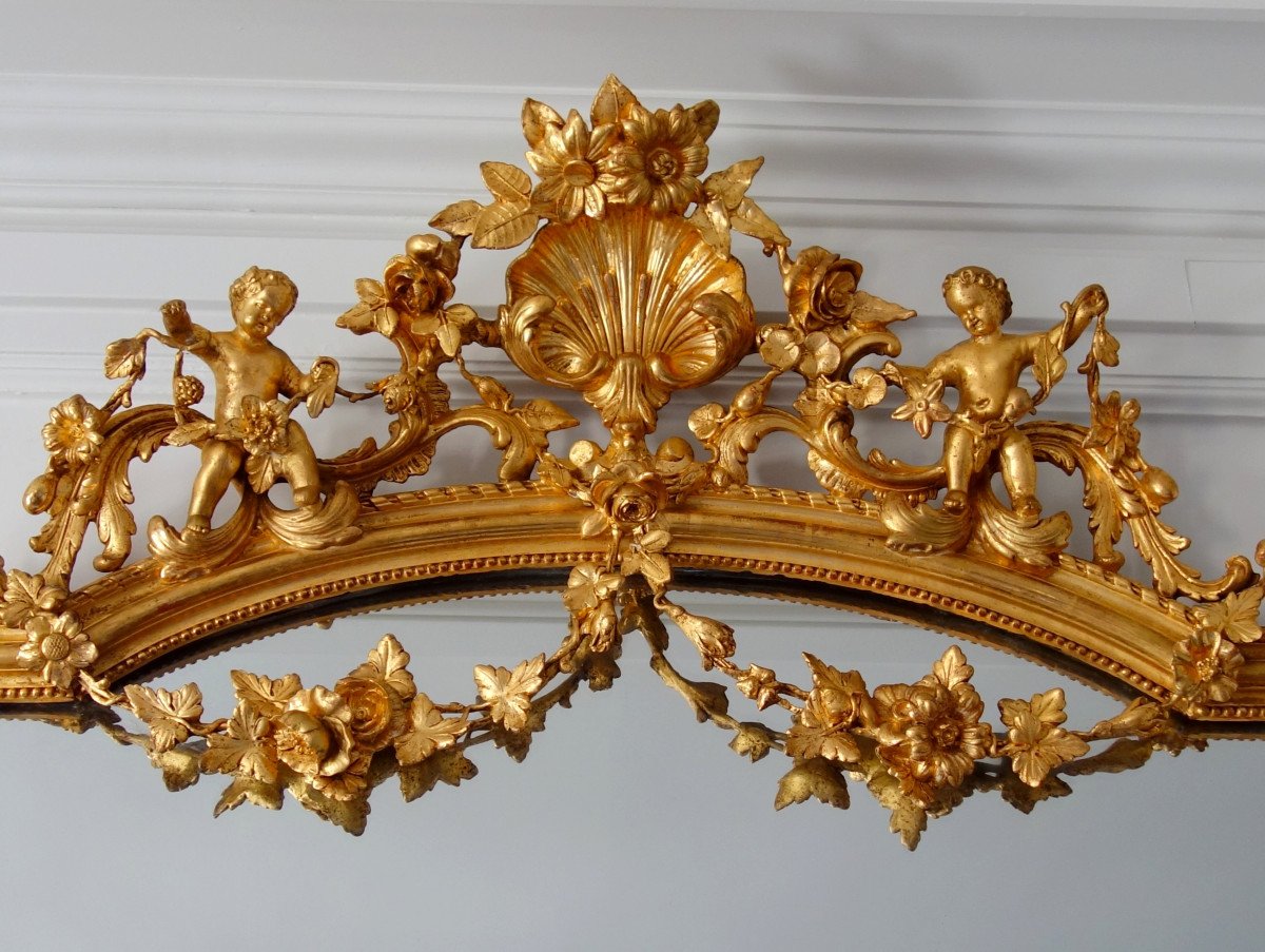 Large Gilt Wood Fireplace Mirror, Napoleon III Period, Mercury Glaze - 205cm X 128cm-photo-4