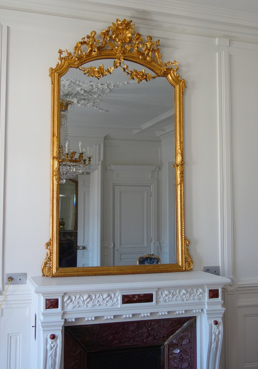 Large Gilt Wood Fireplace Mirror, Napoleon III Period, Mercury Glaze - 205cm X 128cm-photo-8