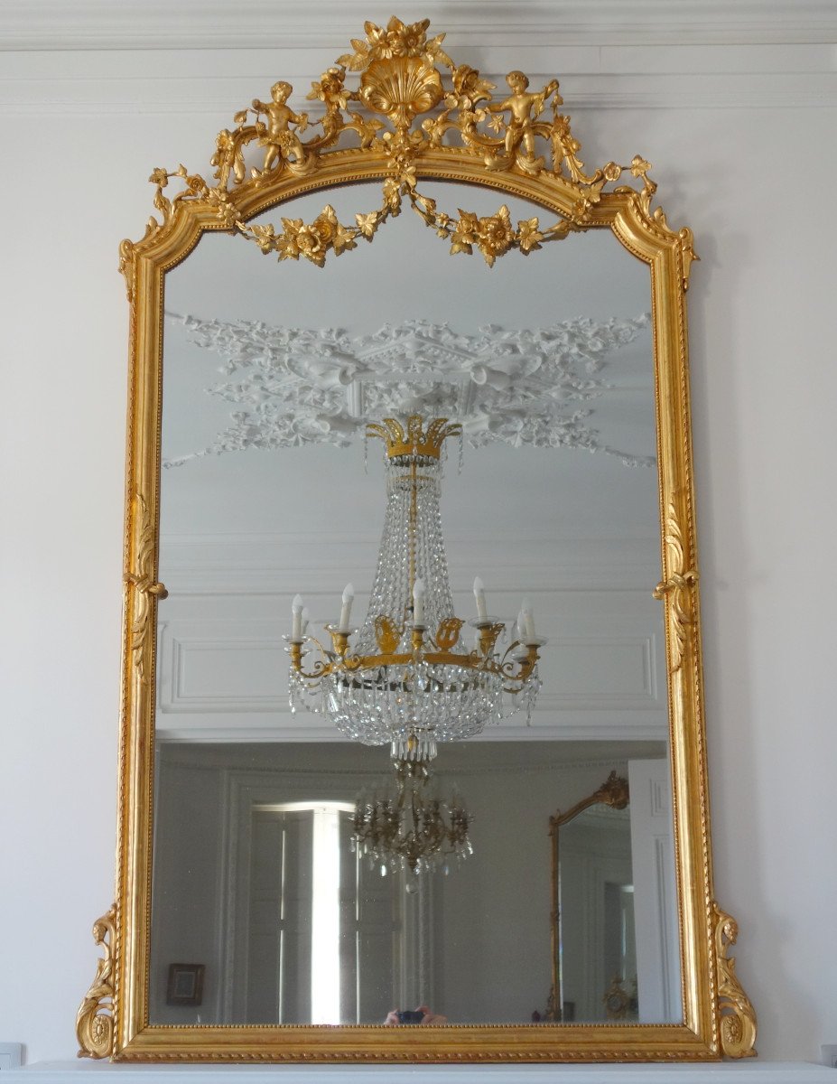 Grand Miroir De Cheminée En Bois Doré d'époque Napoléon III, Glace Au Mercure - 205cm X 128cm