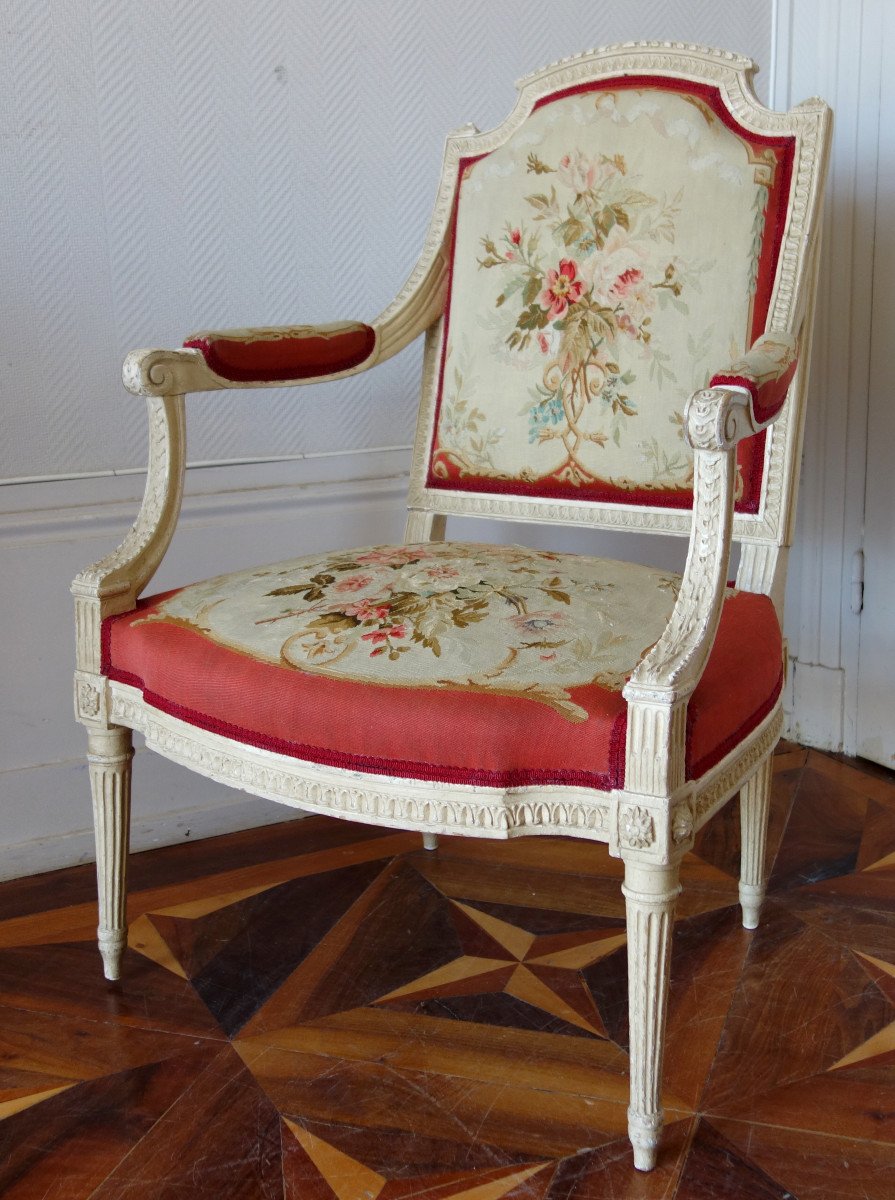 Claude Séné, Fauteuil à La Reine d'époque Louis XVI, Tapisserie De Beauvais & Numéro Inventaire-photo-4