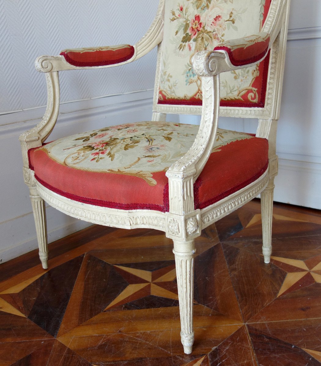 Claude Séné, Fauteuil à La Reine d'époque Louis XVI, Tapisserie De Beauvais & Numéro Inventaire-photo-1