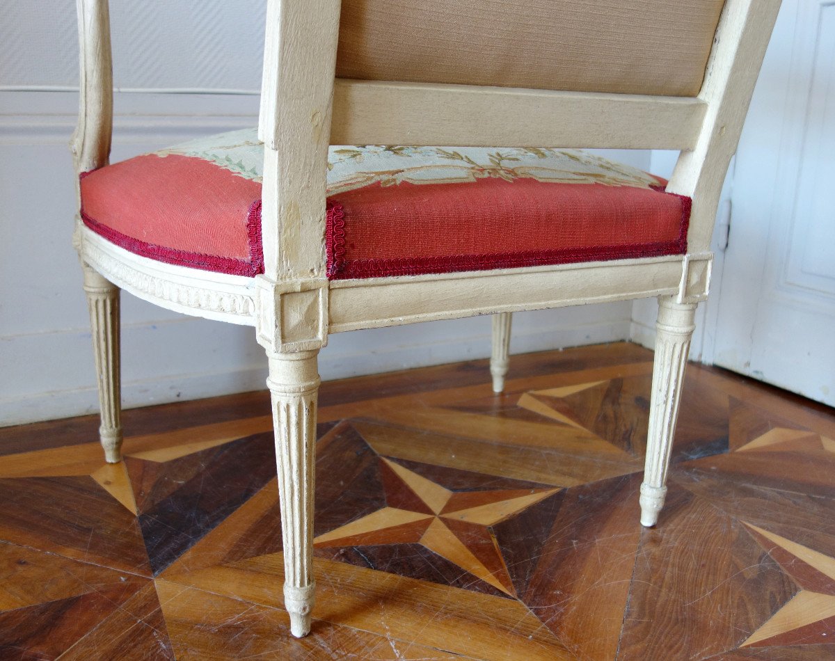 Claude Séné, Fauteuil à La Reine d'époque Louis XVI, Tapisserie De Beauvais & Numéro Inventaire-photo-2