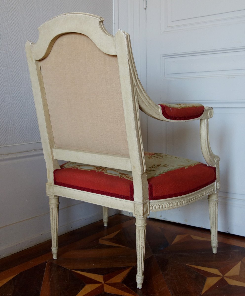 Claude Séné, Fauteuil à La Reine d'époque Louis XVI, Tapisserie De Beauvais & Numéro Inventaire-photo-3