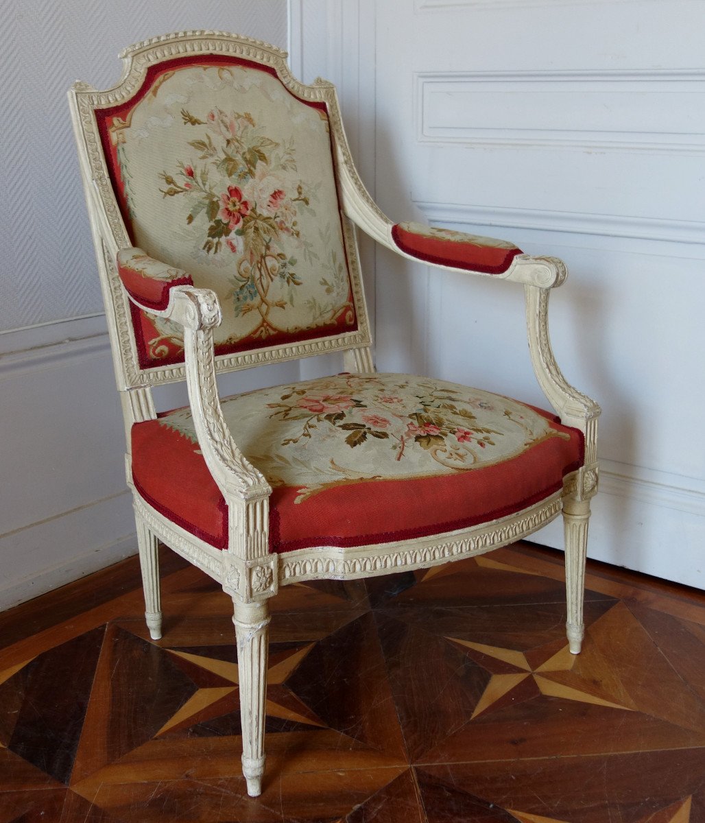 Claude Séné, Fauteuil à La Reine d'époque Louis XVI, Tapisserie De Beauvais & Numéro Inventaire