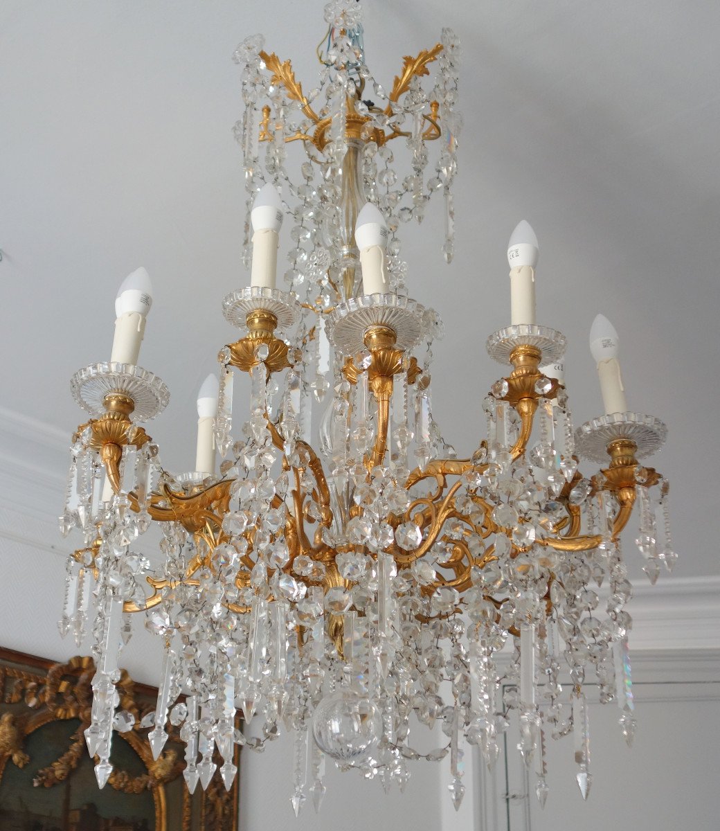 Louis XVI Style Baccarat Crystal And Gilt Bronze (ormolu) Chandelier, 12 Lights, Late 19th Century-photo-2