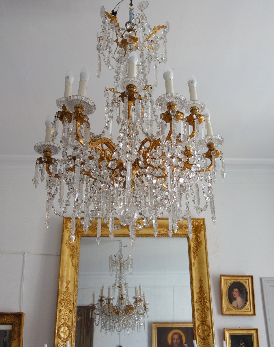 Louis XVI Style Baccarat Crystal And Gilt Bronze (ormolu) Chandelier, 12 Lights, Late 19th Century-photo-6