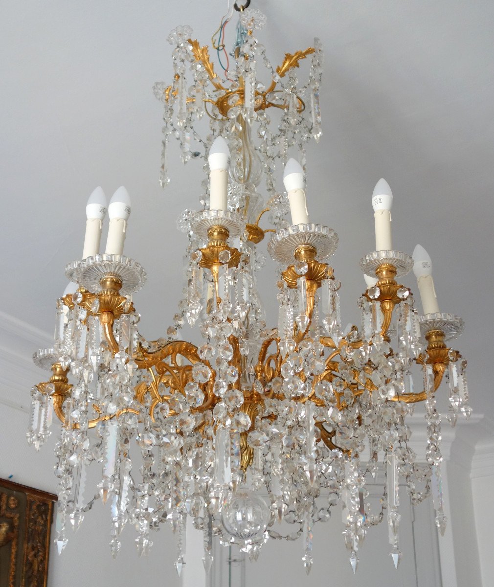 Louis XVI Style Baccarat Crystal And Gilt Bronze (ormolu) Chandelier, 12 Lights, Late 19th Century