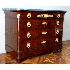 Restoration Period Commode In Flamed Mahogany, Mercury Gilt Bronzes & Turquin Blue Marble