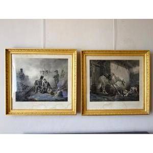 Paire De Gravures Empire Par Vernet : Le Trompette Blessé & Le Chien Du Régiment - Bois Doré