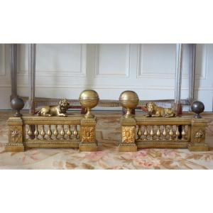 Pair Of Large Chateau Andirons In Chiseled Bronze Louis XVI Period - Lions Model