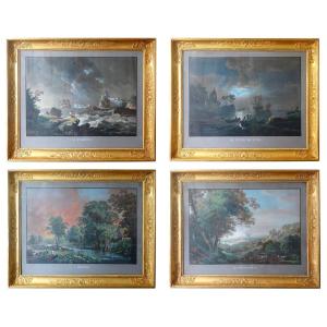 Series Of 4 Large Gouaches - Landscapes And Seascapes From The Empire Restoration Period - Golden Frames