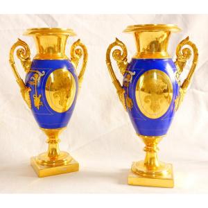 Pair Of Charles X Empire Ornamental Vases From The Countess Of Paris In Paris Porcelain